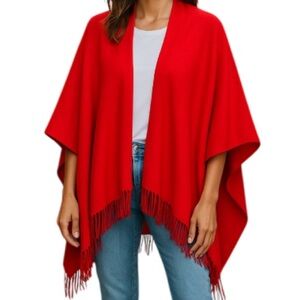 VINTAGE Wool Touch Red Fringe Wrap Shawl Acrylic Lightweight One Size Fits Most